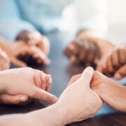 Mental health support, holding hands and group counseling, therapy meeting and psychology help, trust and worship. Men, women and diversity people prayer circle, community hope and social solidarity.